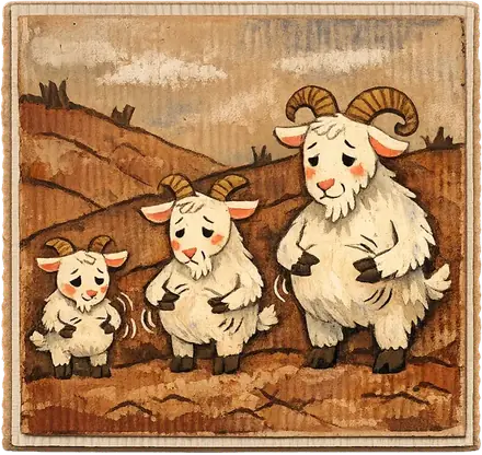 Three goats on a bare brown hillside
