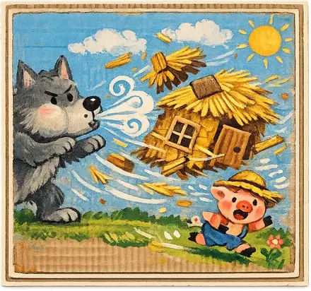 The wolf blowing the straw house away