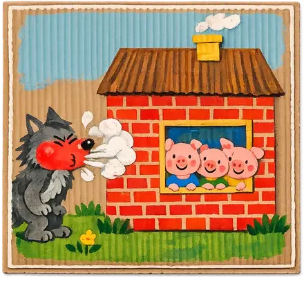 The wolf huffing at the brick house, with three pigs at the window